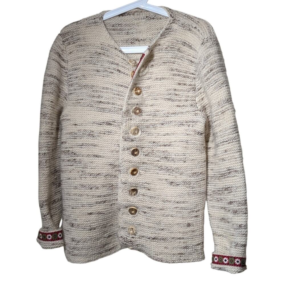 Vintage Hand Knit Cream Marled Swiss Ribbon Accents Button Cardigan Sz S/M